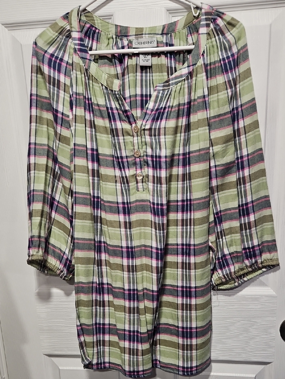 Catherines Olive, Pink & Navy Plaid Peasant Tunic